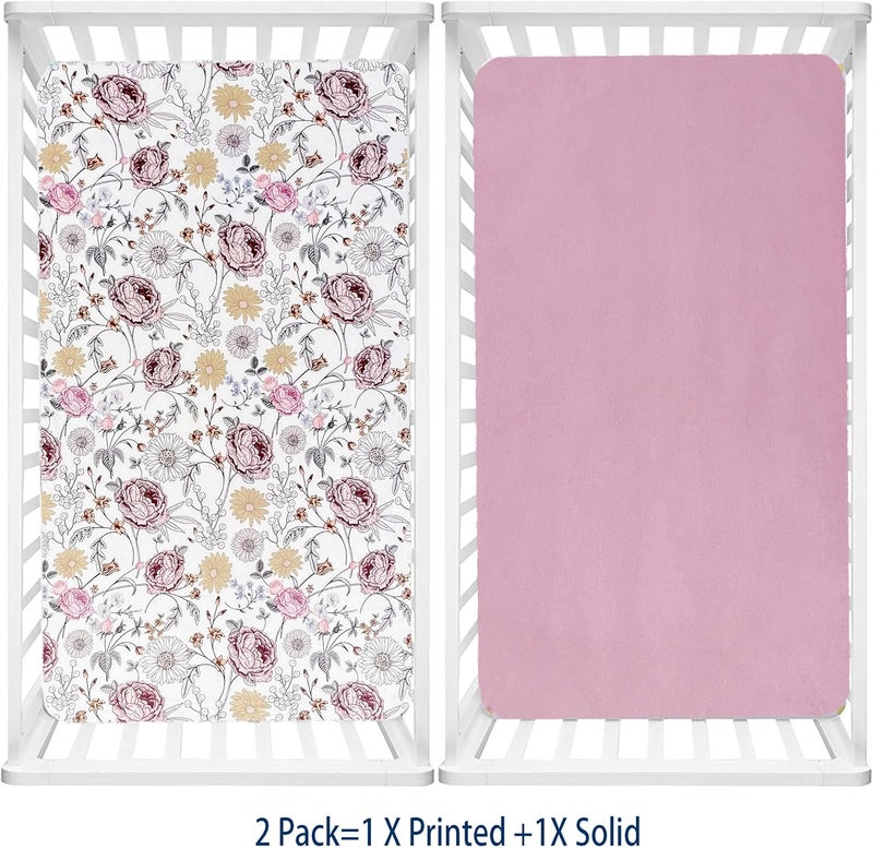 AMROSE 2 Pack Microfleece Crib Sheets, 28'' X 52'' Flannel Fleece Crib Fitted Sheets for Crib and Toddler Mattress Pad, Soft Comfy Warm Crib Sheets for Girls, Floral - Image 5
